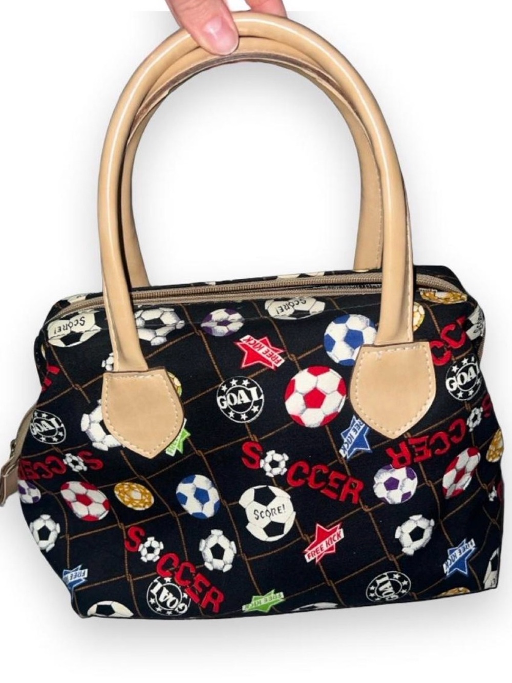 Vintage H.Ravi Soccer Print Handbag in Black and Tan Handles